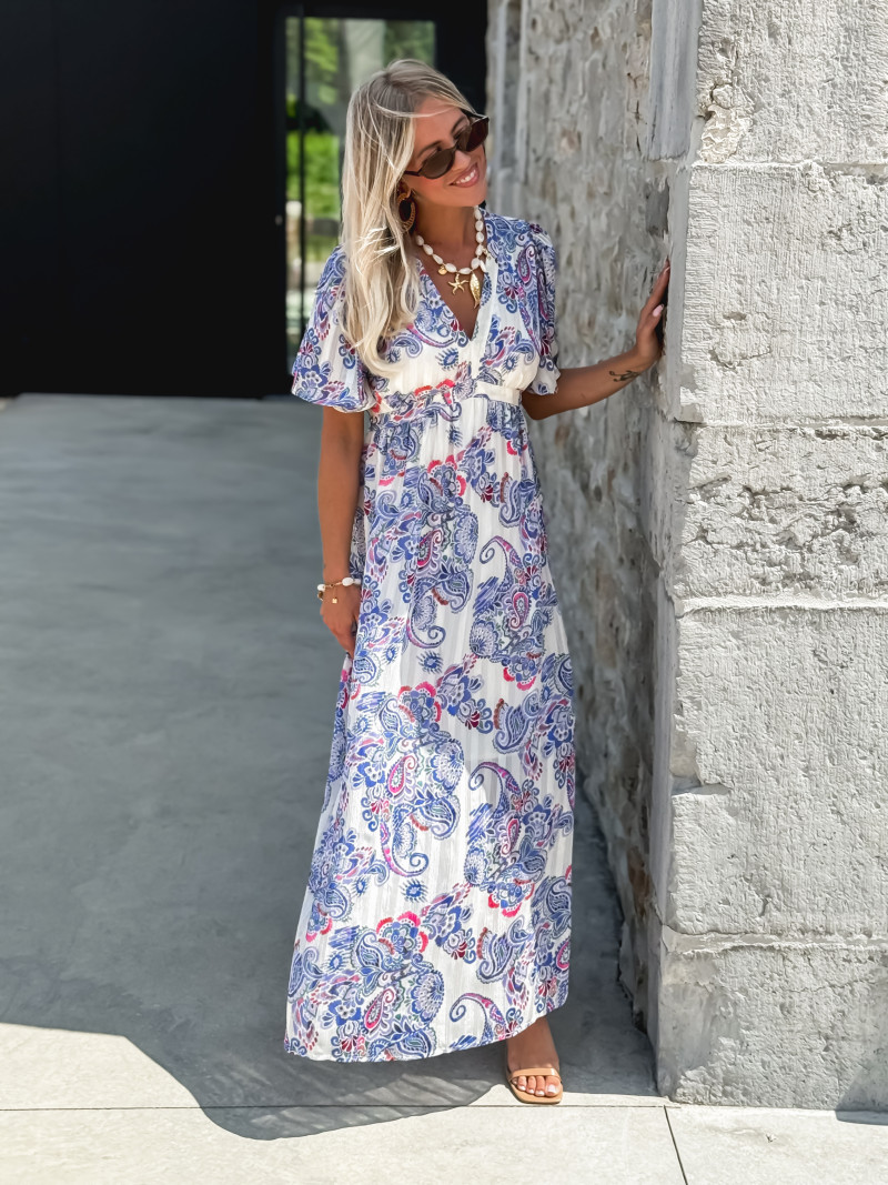 Robe longue à motifs Abéline - Bleu/Blanc