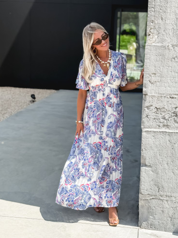 Robe longue à motifs Abéline - Bleu/Blanc