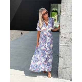 Robe longue à motifs Abéline - Bleu/Blanc