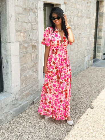 Robe longue à fleurs Énolia - Rose/Rouge