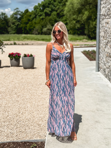 Robe longue à motifs Eloanie - Bleu/Rose