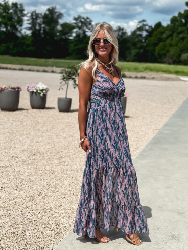Robe longue à motifs Eloanie - Bleu/Rose