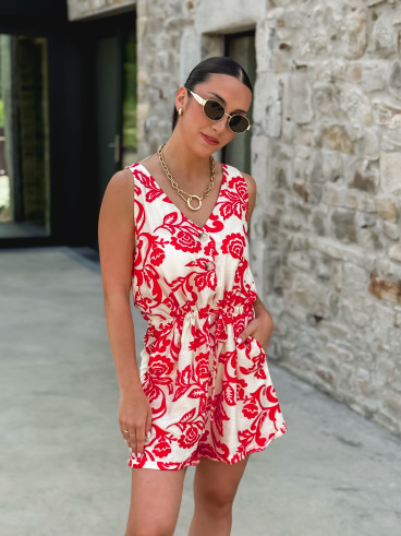 Combinaison short à motifs Azilis - Rouge/Ecru