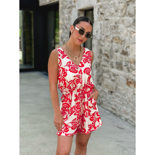 Combinaison short à motifs Azilis - Rouge/Ecru