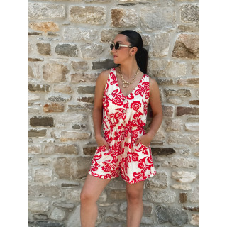 Combinaison short à motifs Azilis - Rouge/Ecru