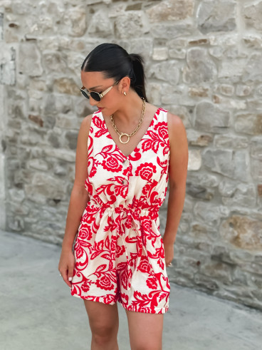 Combinaison short à motifs Azilis - Rouge/Ecru