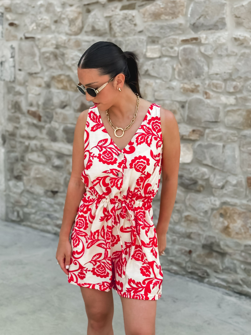Combinaison short à motifs Azilis - Rouge/Ecru