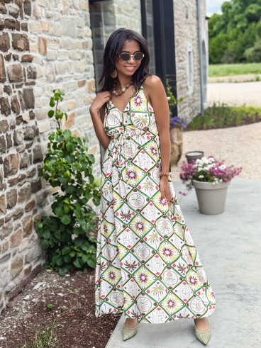 Robe longue à motifs Isélia - Blanc/Vert