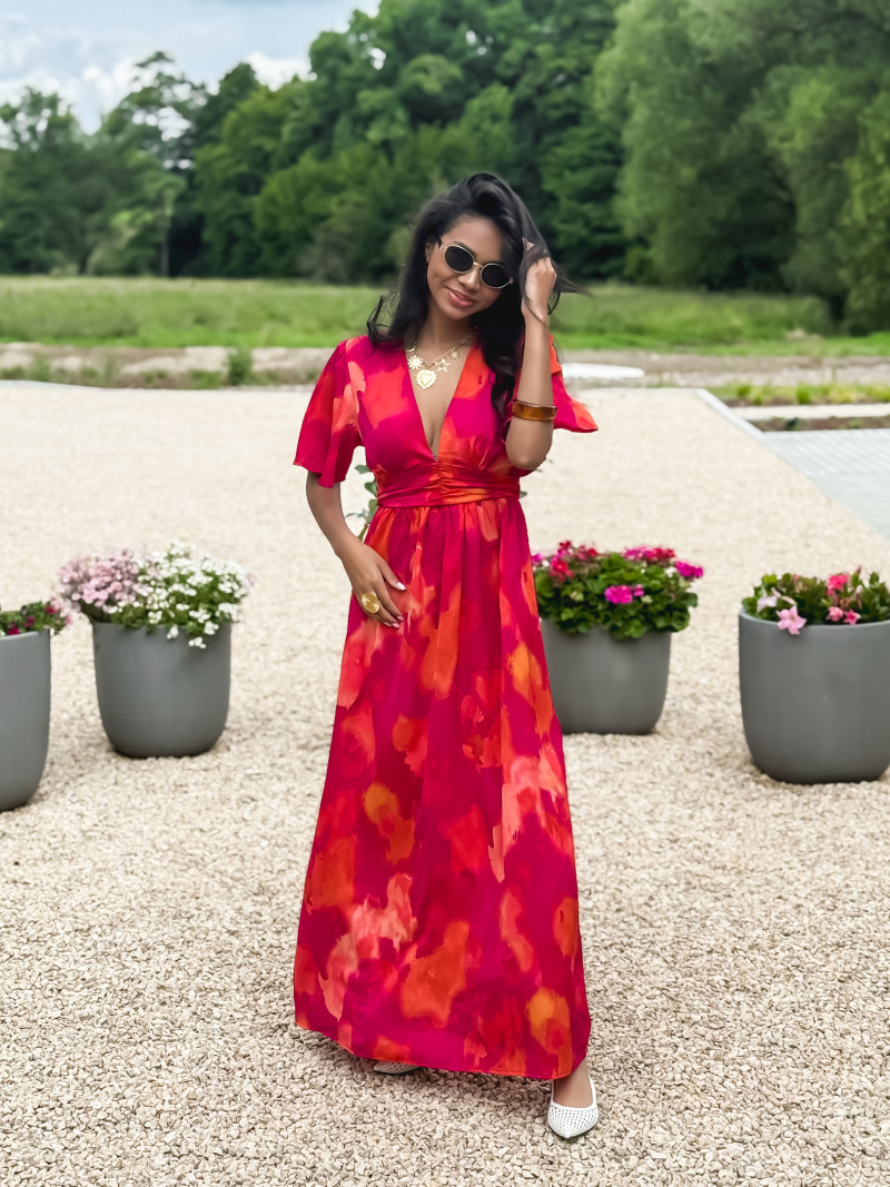 Robe longue à motifs Akira - Fuchsia/Orange