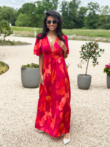 Robe longue à motifs Akira - Fuchsia/Orange