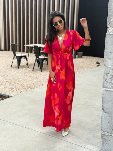 Robe longue à motifs Akira - Fuchsia/Orange