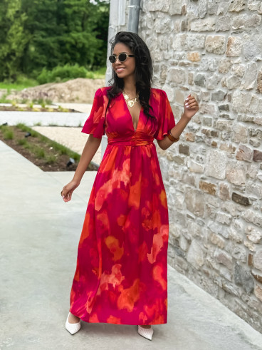 Robe longue à motifs Akira - Fuchsia/Orange