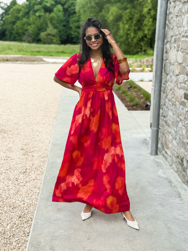 Robe longue à motifs Akira - Fuchsia/Orange