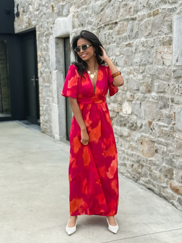 Robe longue à motifs Akira - Fuchsia/Orange