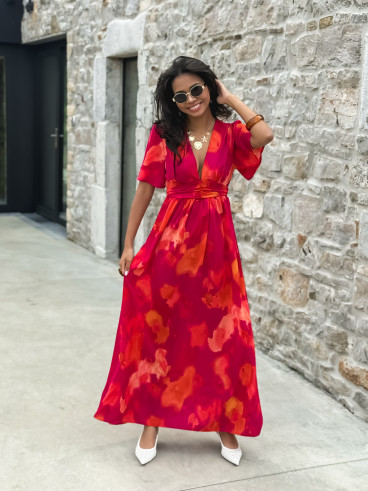 Robe longue à motifs Akira - Fuchsia/Orange