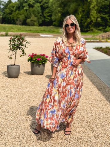 Robe longue à motifs Sohane - Camel/Ecru