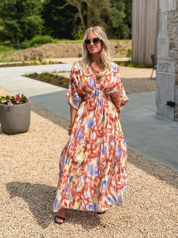 Robe longue à motifs Sohane - Camel/Ecru