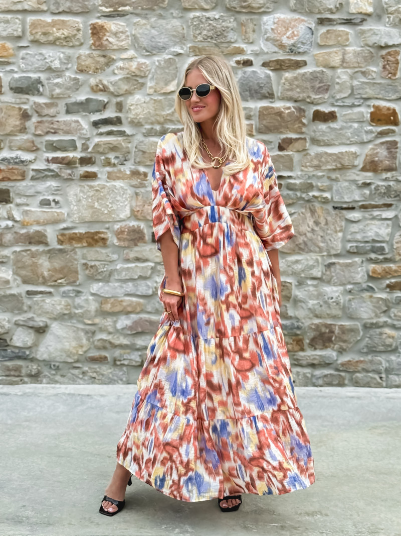 Robe longue à motifs Sohane - Camel/Ecru
