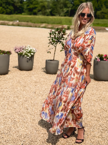 Robe longue à motifs Sohane - Camel/Ecru