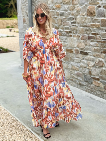 Robe longue à motifs Sohane - Camel/Ecru