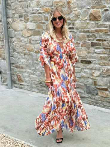 Robe longue à motifs Sohane - Camel/Ecru