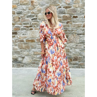 Robe longue à motifs Sohane - Camel/Ecru