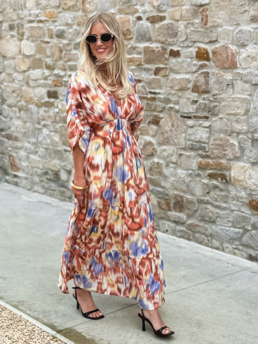 Robe longue à motifs Sohane - Camel/Ecru