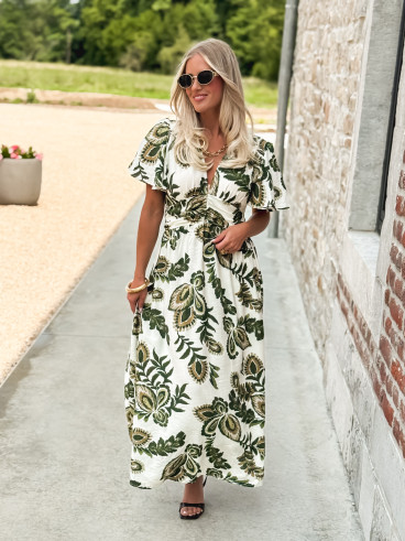 Robe longue à motifs Sakina - Ecru/Vert