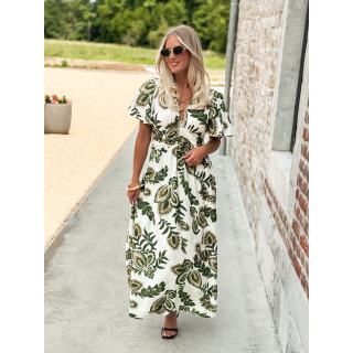 Robe longue à motifs Sakina - Ecru/Vert