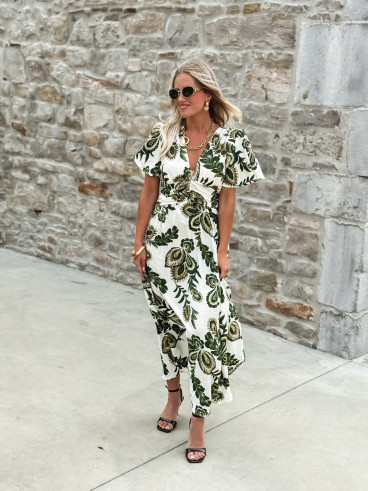 Robe longue à motifs Sakina - Ecru/Vert