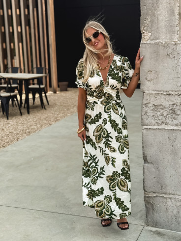 Robe longue à motifs Sakina - Ecru/Vert