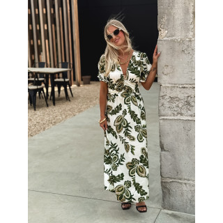 Robe longue à motifs Sakina - Ecru/Vert