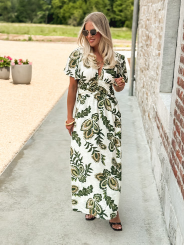 Robe longue à motifs Sakina - Ecru/Vert