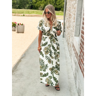 Robe longue à motifs Sakina - Ecru/Vert