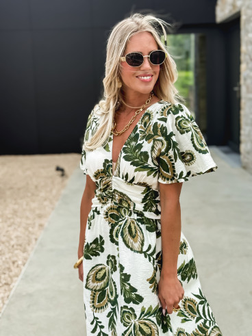Robe longue à motifs Sakina - Ecru/Vert