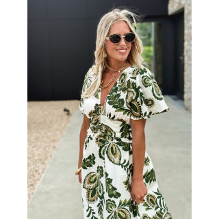 Robe longue à motifs Sakina - Ecru/Vert