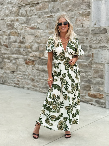 Robe longue à motifs Sakina - Ecru/Vert
