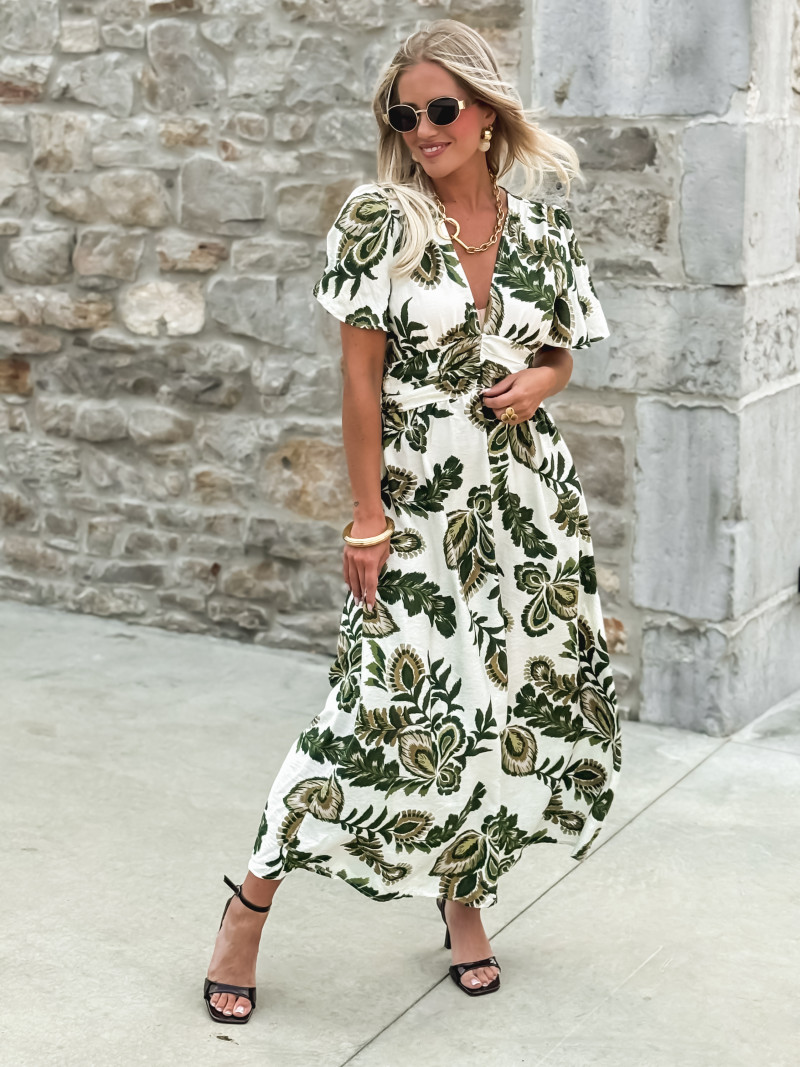 Robe longue à motifs Sakina - Ecru/Vert