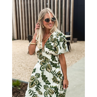 Robe longue à motifs Sakina - Ecru/Vert