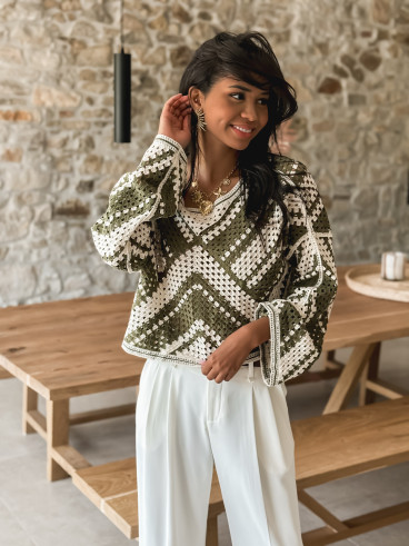 Blouse en crochet Johanie - Kaki/Ecru