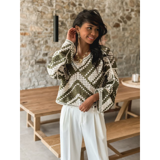 Blouse en crochet Johanie - Kaki/Ecru
