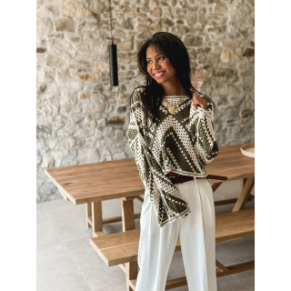 Blouse en crochet Johanie - Kaki/Ecru