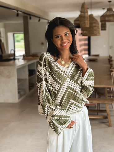 Blouse en crochet Johanie - Kaki/Ecru