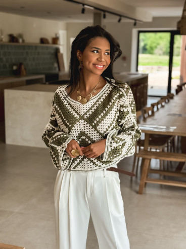 Blouse en crochet Johanie - Kaki/Ecru