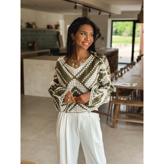 Blouse en crochet Johanie - Kaki/Ecru