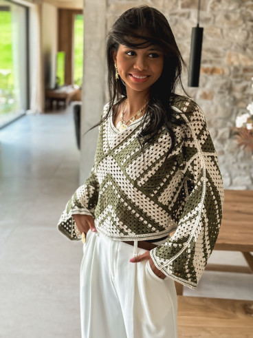 Blouse en crochet Johanie - Kaki/Ecru