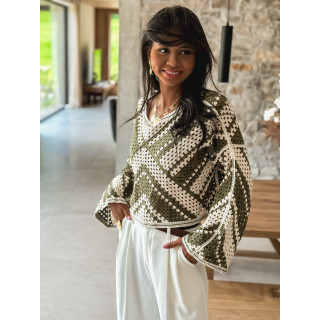 Blouse en crochet Johanie - Kaki/Ecru