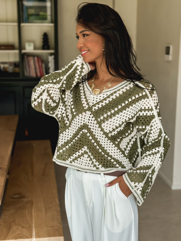 Blouse en crochet Johanie - Kaki/Ecru