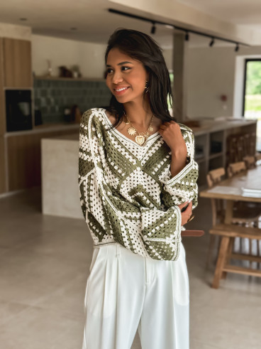 Blouse en crochet Johanie - Kaki/Ecru