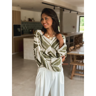 Blouse en crochet Johanie - Kaki/Ecru
